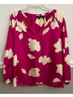 Theory Dark Pink Magenta Open V-Neck Petal Print Floral Chic Silk Top Size Small